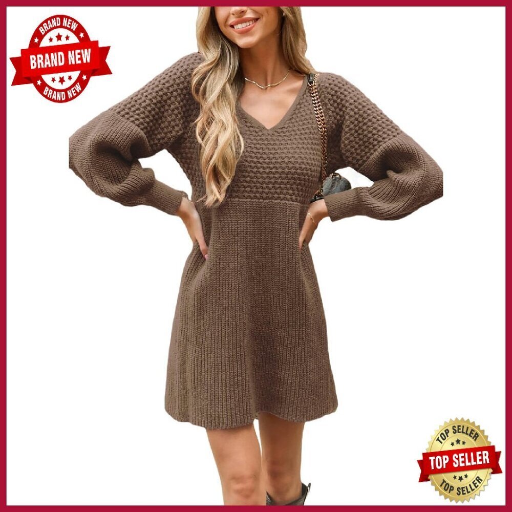 V-Neck Honeycomb Knit Sweater Dress Long Sleeve Fall Casual Pullover